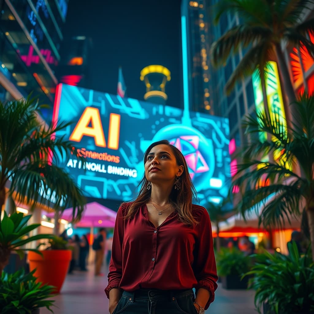 Neon Tropics: Een foto van een persoon die naar boven kijkt in een neon stijl stad met een groot reclamebord op de achtergrond waar AI op staat.