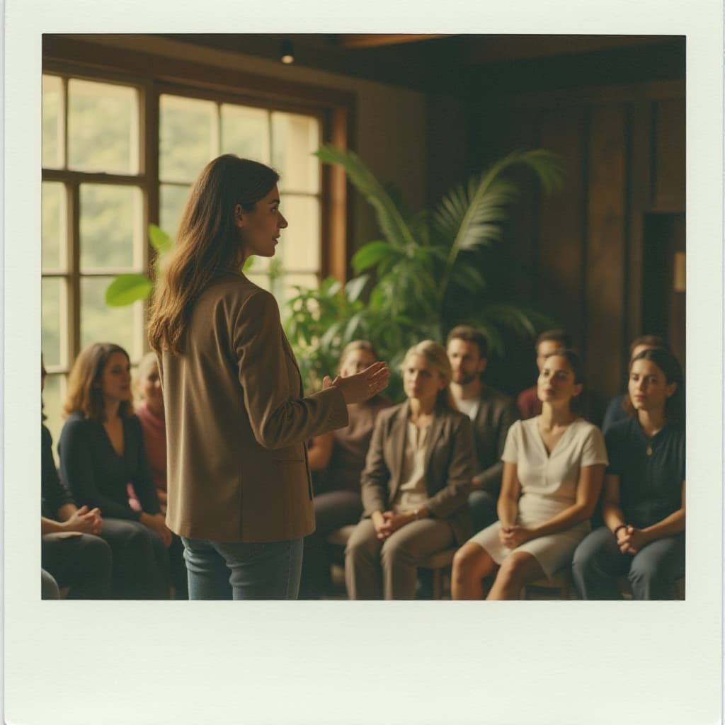 Summer Storybook: Een nostalgische polaroid foto van een persoon die een presentatie geeft voor een groep mensen.